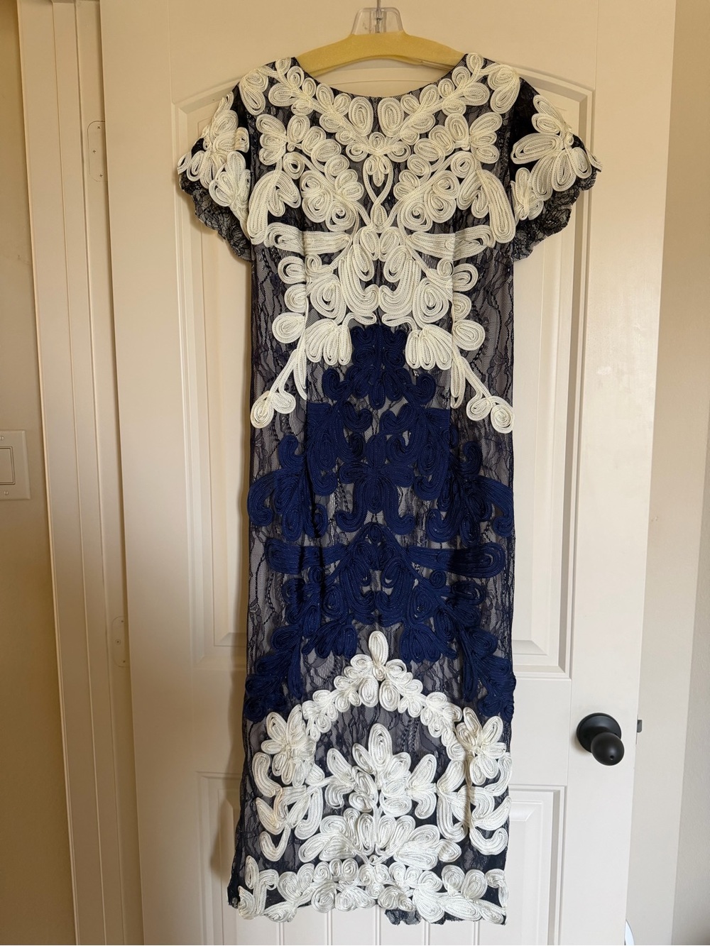 JS Collections Navy and White Lace Applique Midi Dress